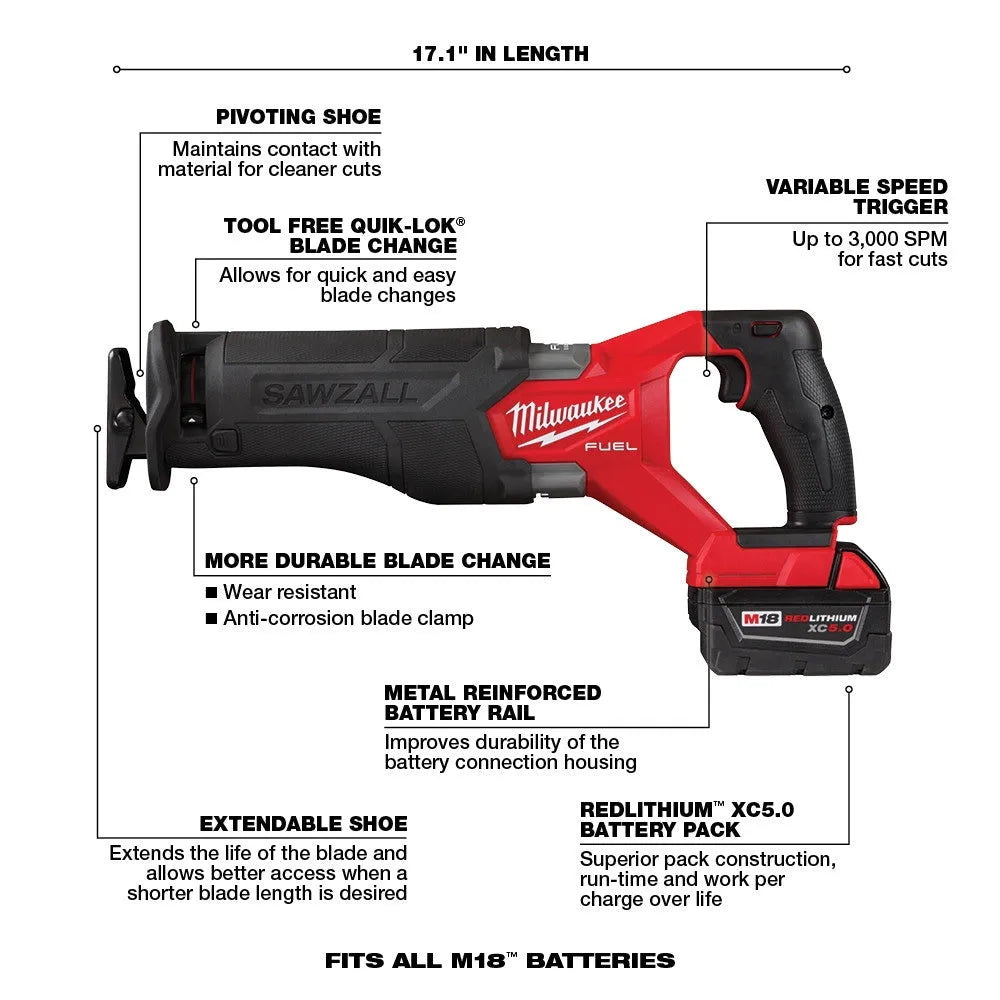 2026 2026 M18 FUEL 18V Akku-Kit Combo mit 7 Werkzeugen und 5,0 Ah Lithium-Ionen-Akku ohne Bürstenmotor