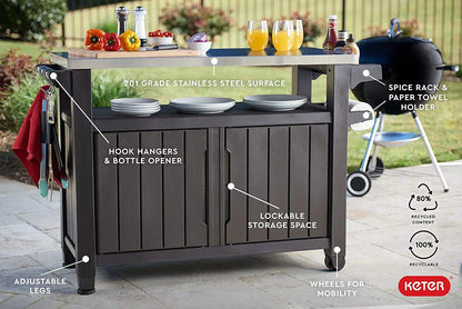 2026 2026 Keter Unity XL Mobiler Patio-Wagen – Wetterfester Außenküchentisch mit Edelstahl-Arbeitsfläche, Abschließbarem Stauraum & Zubehör