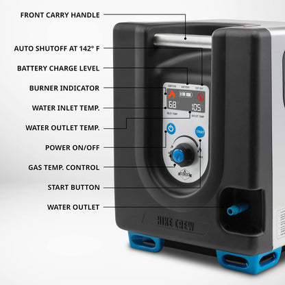 2026 Tragbarer Propan-Warmwasserbereiter und Duschpumpe mit eingebauter Batterie | Kompaktes Outdoor-Reinigungs- und Duschsystem mit LCD, Sicherheitsabschaltung und Tragetasche, sofort heißes Wasser für Camping und Wandern