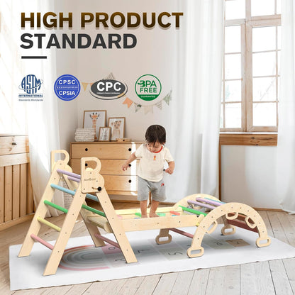 2026 Pikler-Dreieck-Set, 7-in-1, faltbares Baby-Kletterspielzeug, hölzernes Montessori-Kletterset mit Bogen, Rampe und Leiter, Baby-Klettergerät, Indoor-Klettergerüste für Kleinkinder, Montessori-Spielzeug – Regenbogen