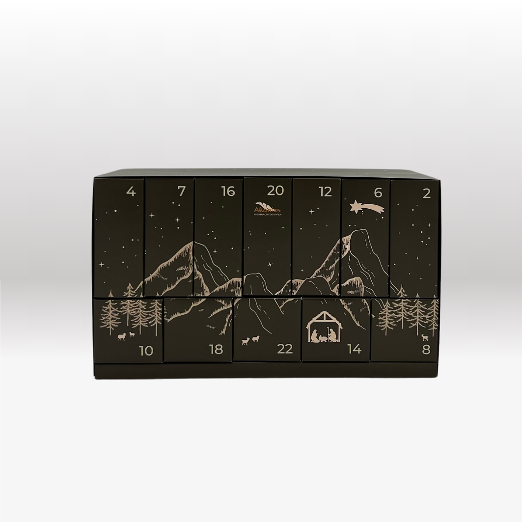 Adventskalender: 8er Set von Akantus natur mit Krippenhaus "Akantus Design Original" schwarz I AD-0-3 + KN-2