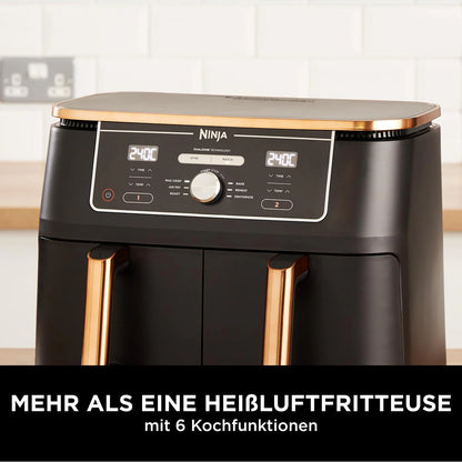 2026 Ninja Foodi MAX Dual Zone Heißluftfritteuse, 9,5L Airfryer, 2 Fächer, mit Zange, Antihaftbeschichtung, spülmaschinenfeste Körbe, 6-in-1, Amazon Exklusiv, Kupfer/Schwarz, AF400EUCP