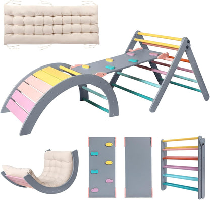 2026 Dreieck-Set mit Kissen, 5-in-1 Montessori-Kletterset, faltbar, Kletter-Indoor-Spielplatz-Set für Kleinkinder, Holz-Kletterspielzeug mit Rampe und Kletterbogen für Kinder (Holzfarbe)