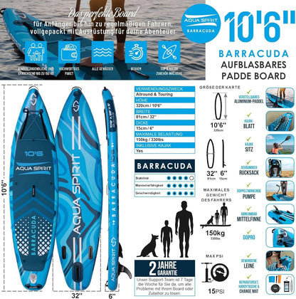 2026 Aqua Spirit SUP Board Aufblasbares Standup Stand Up Paddle Board/Paddel Kajak | 320x81x15cm | Satz mit Paddel, Sitz, Rucksack, Pumpe und weiterem Zubehör | Erwachsene Anfänger/Experten (Blau)
