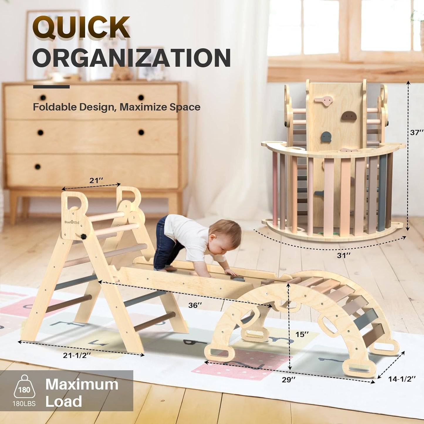 2026 Pikler-Dreieck-Set, 7-in-1, faltbares Baby-Kletterspielzeug, hölzernes Montessori-Kletterset mit Bogen, Rampe und Leiter, Baby-Klettergerät, Indoor-Klettergerüste für Kleinkinder, Montessori-Spielzeug – Regenbogen