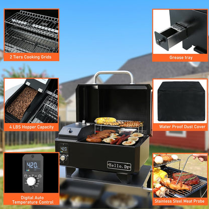2026 Tragbarer Holzpelletgrill und Smoker, elektrischer 8-in-1-Tischgrill für den Außenbereich, für Wohnmobil-Camping, Tailgating, Wohnmobil-Kochen, BBQ, intelligente Temperaturregelung und Heißdampftechnologie