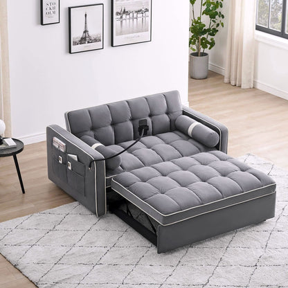 2026 3-in-1 Schlafsofa Couchbett, kleines umwandelbares Samt-Loveseat mit Ausziehbett, verstellbarer Rückenlehne, Zylinderkissen, Mehrfach-Taschen & Handyhalter – Grau, 55,5"