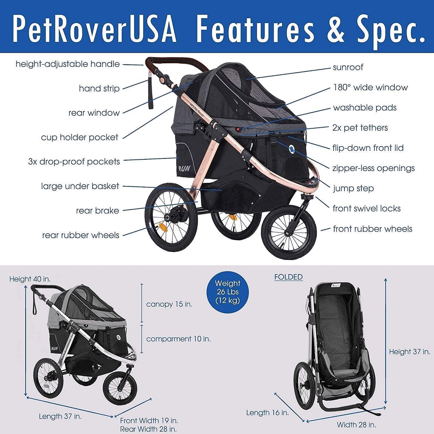 2026 Jogging-Sport-Tierbuggy mit Komfort-Gummirädern / Reißverschlusslosem Einstieg / Einhand-Schnellfaltung / Aluminiumrahmen für kleine & mittelgroße Hunde, Katzen und Haustiere (Grün Camouflage)