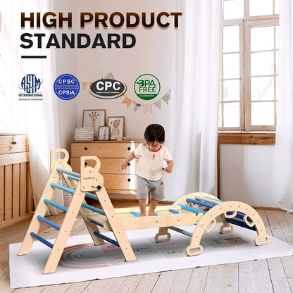 2026 Pikler-Dreieck Set 7-in-1 – Faltbares Baby-Kletterspielzeug aus Holz, Montessori Kletterset mit Bogen, Rampe & Leiter, Indoor Klettergerüst für Kleinkinder – Regenbogen