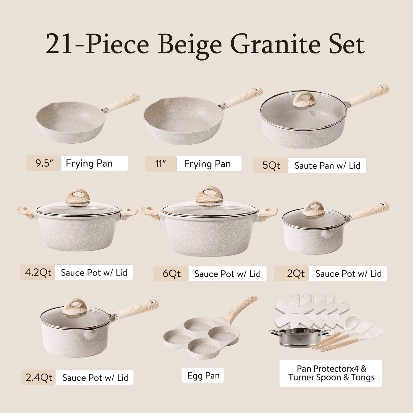 2026 CAROTE Antihaft-Töpfe- und Pfannenset, 21-teiliges Induktions-Kochgeschirr (Beige Granit)