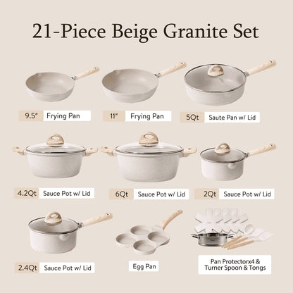 2026 CAROTE Antihaft-Töpfe- und Pfannenset, 21-teiliges Induktions-Kochgeschirr (Beige Granit)
