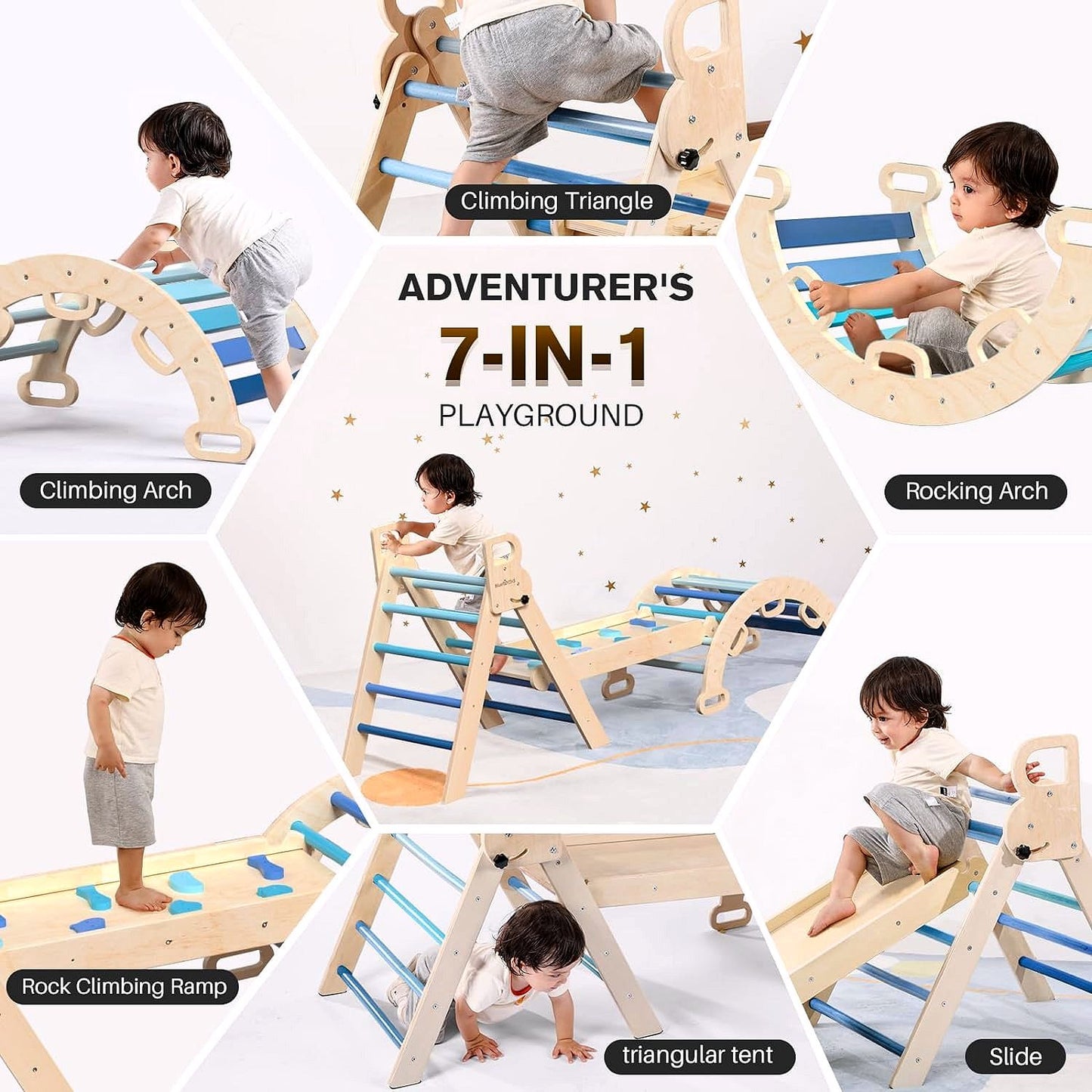 2026 Pikler-Dreieck Set 7-in-1 – Faltbares Baby-Kletterspielzeug aus Holz, Montessori Kletterset mit Bogen, Rampe & Leiter, Indoor Klettergerüst für Kleinkinder – Regenbogen