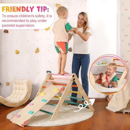 2026 Dreieck-Set mit Kissen, 5-in-1 Montessori-Kletterset, faltbar, Kletter-Indoor-Spielplatz-Set für Kleinkinder, Holz-Kletterspielzeug mit Rampe und Kletterbogen für Kinder (Holzfarbe)