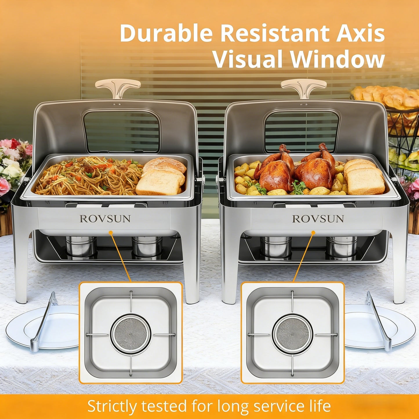 2026 9 QT Roll Top Rectangle Chafing Dish Set with Full Size Pan & Visible Window