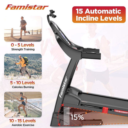 2026 Famistar Klappbares Laufband für Zuhause mit 15-stufiger Automatik-Steigung, 300 lbs Tragkraft, bis 10 MPH Geschwindigkeit