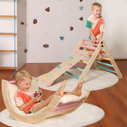 2026 Dreieck-Set mit Kissen, 5-in-1 Montessori-Kletterset, faltbar, Kletter-Indoor-Spielplatz-Set für Kleinkinder, Holz-Kletterspielzeug mit Rampe und Kletterbogen für Kinder (Holzfarbe)