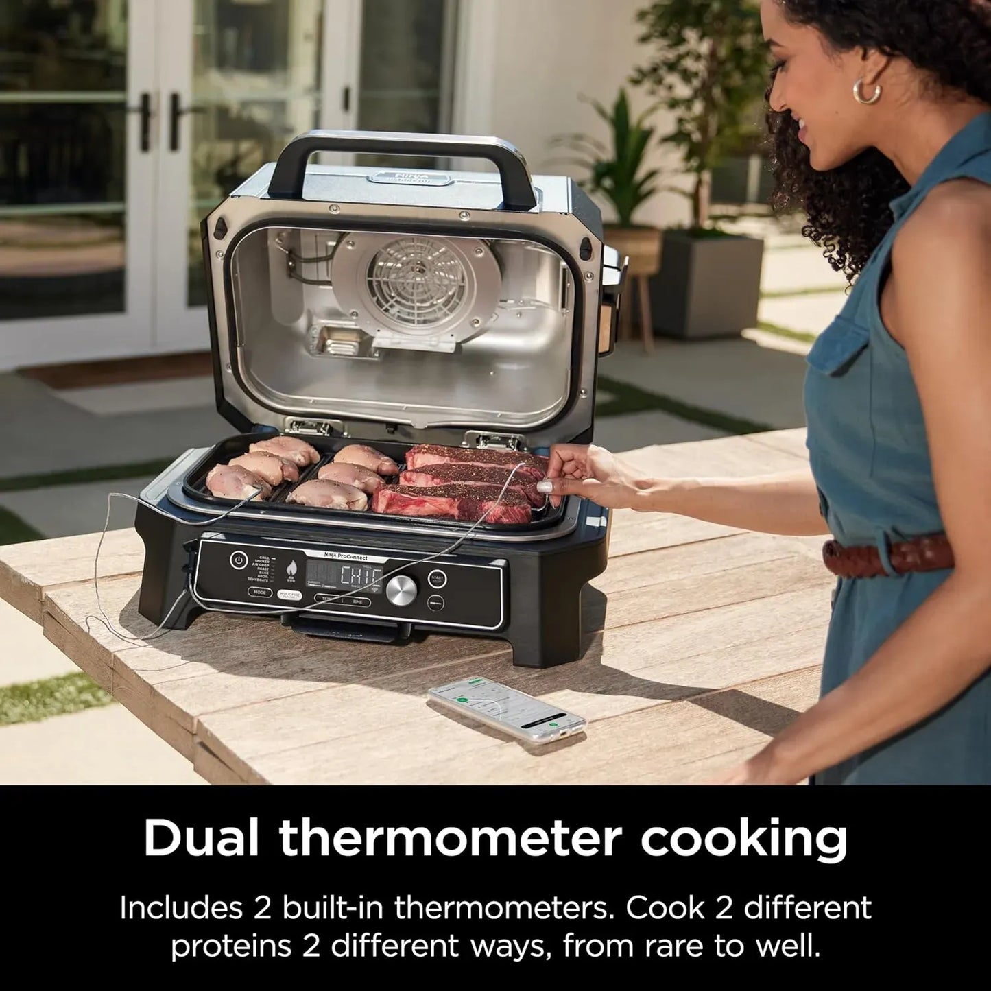 2026 Premium XL Outdoor-Grill & Smoker, Bluetooth, App-fähig, 7-in-1 Master Grill, BBQ-Smoker, Outdoor-Heißluftfritteuse, Woodfire-Technologie, 2 eingebaute Thermometer, Schwarz
