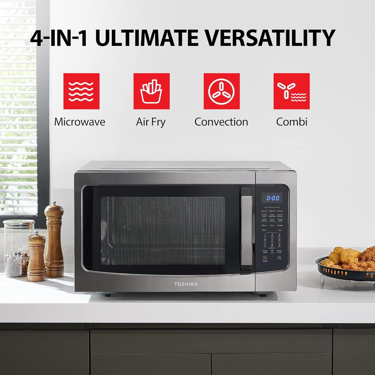 2026 TOSHIBA 4-in-1 ML-EC42P(SS) Mikrowellenherd für die Arbeitsplatte, Smart Sensor, Konvektion, Heißluftfritteuse-Kombination, Stummschaltfunktion, Positionsspeicher, 13,6" Drehteller, 1,5 Kubikfuß, 1000 W, silber