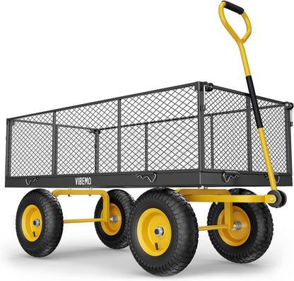 2026 Steel Garden Cart, 2-in-1 1400 lbs Heavy Duty Utility Wagon, with Removable Mesh Sides to Convert into Flatbed, 240° U-Turn 13" Pneumatic Tires Garden Wagon for Farm Yard Lawn Garden Camping