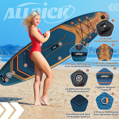 2026 ALLPICK Premium SUP Board Set, Stand Up Paddling Board Aufblasbar, Mit Universal Kamerahalterung, Komplettes Zubehör, Verstellbares Paddel, Anfänger und Fortgeschrittene, 180kg Marineblau