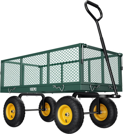 2026 Steel Garden Cart, 2-in-1 1400 lbs Heavy Duty Utility Wagon, with Removable Mesh Sides to Convert into Flatbed, 240° U-Turn 13" Pneumatic Tires Garden Wagon for Farm Yard Lawn Garden Camping