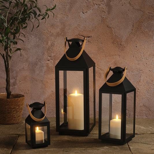3er Set Brixham TruGlow® LED-Laternen mit Ledergriffen