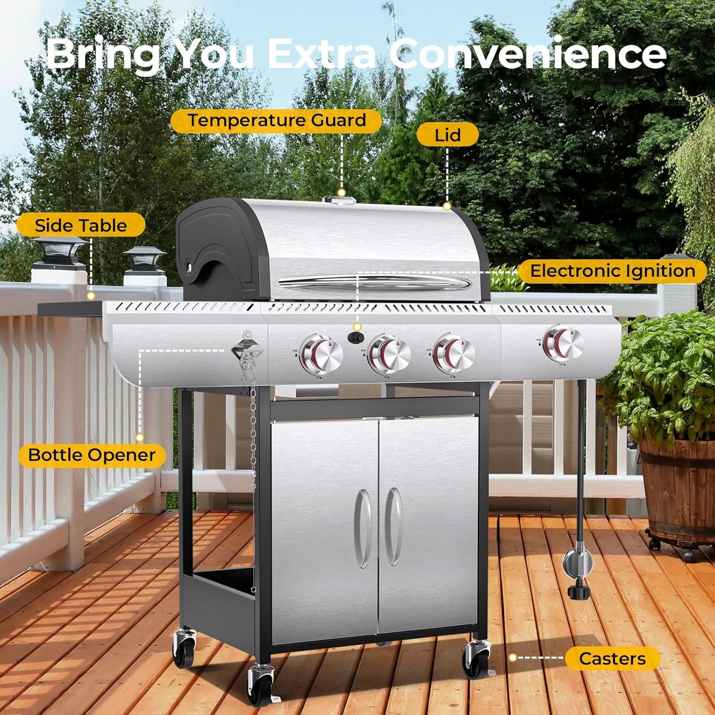 2026 R.W.FLAME 3 & 4-Brenner Propan-Gasgrills mit Seitenbrennern, für Outdoor-Kochen, BBQ, Terrasse, Camping