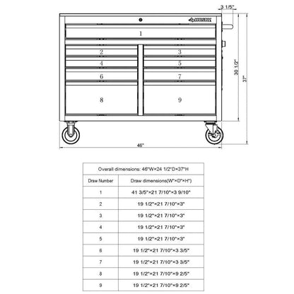 2026 46 Zoll B x 24 Zoll T, tiefer Werkzeugkasten mit 9 Schubladen, glänzend schwarz, mobile Werkbank