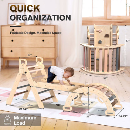 2026 Pikler-Dreieck Set 7-in-1 – Faltbares Baby-Kletterspielzeug aus Holz, Montessori Kletterset mit Bogen, Rampe & Leiter, Indoor Klettergerüst für Kleinkinder – Regenbogen