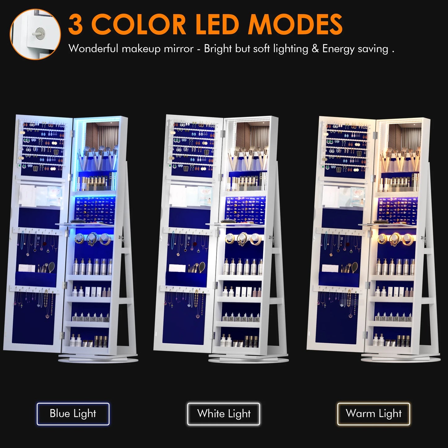 2026 LVSOMT 360° drehbarer LED-Schmuckschrank mit Ganzkörperspiegel, großer Schmuckschrank, verschließbarer Standspiegel, Schmuck-Organizer mit innerem Schminkspiegel und weichem Samt für Wohnzimmer und Schlafzimmer