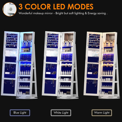 2026 LVSOMT 360° drehbarer LED-Schmuckschrank mit Ganzkörperspiegel, großer Schmuckschrank, verschließbarer Standspiegel, Schmuck-Organizer mit innerem Schminkspiegel und weichem Samt für Wohnzimmer und Schlafzimmer