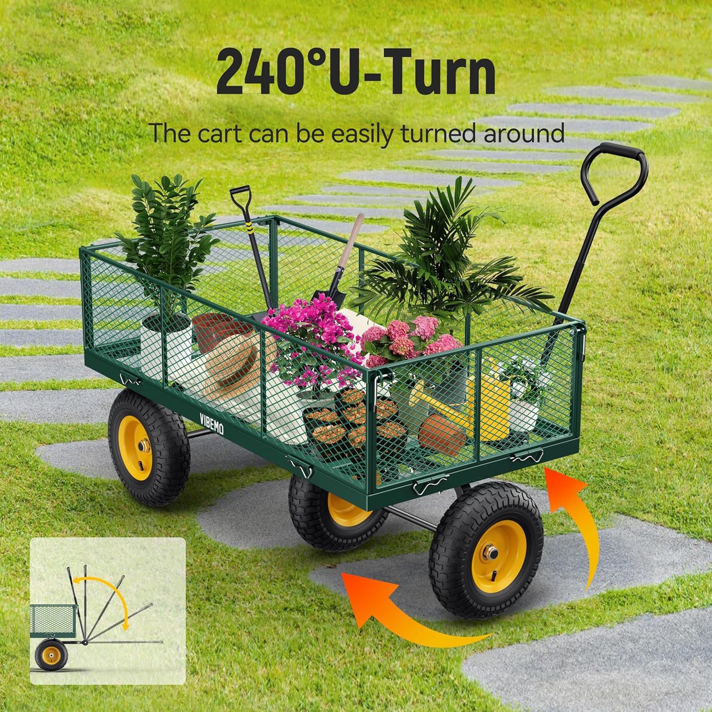 2026 Steel Garden Cart, 2-in-1 1400 lbs Heavy Duty Utility Wagon, with Removable Mesh Sides to Convert into Flatbed, 240° U-Turn 13" Pneumatic Tires Garden Wagon for Farm Yard Lawn Garden Camping