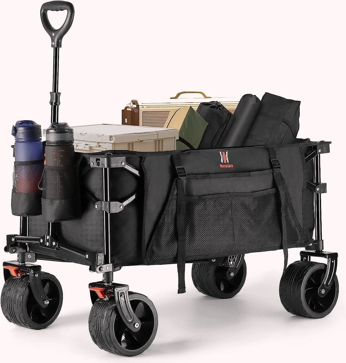2026 Navatiee Faltbarer Bollerwagen T1 – Schwerlast-Transportwagen mit großen Rädern, klappbarer Strand- & Einkaufswagen mit Seitentasche und Bremsen für Camping, Garten & Sport