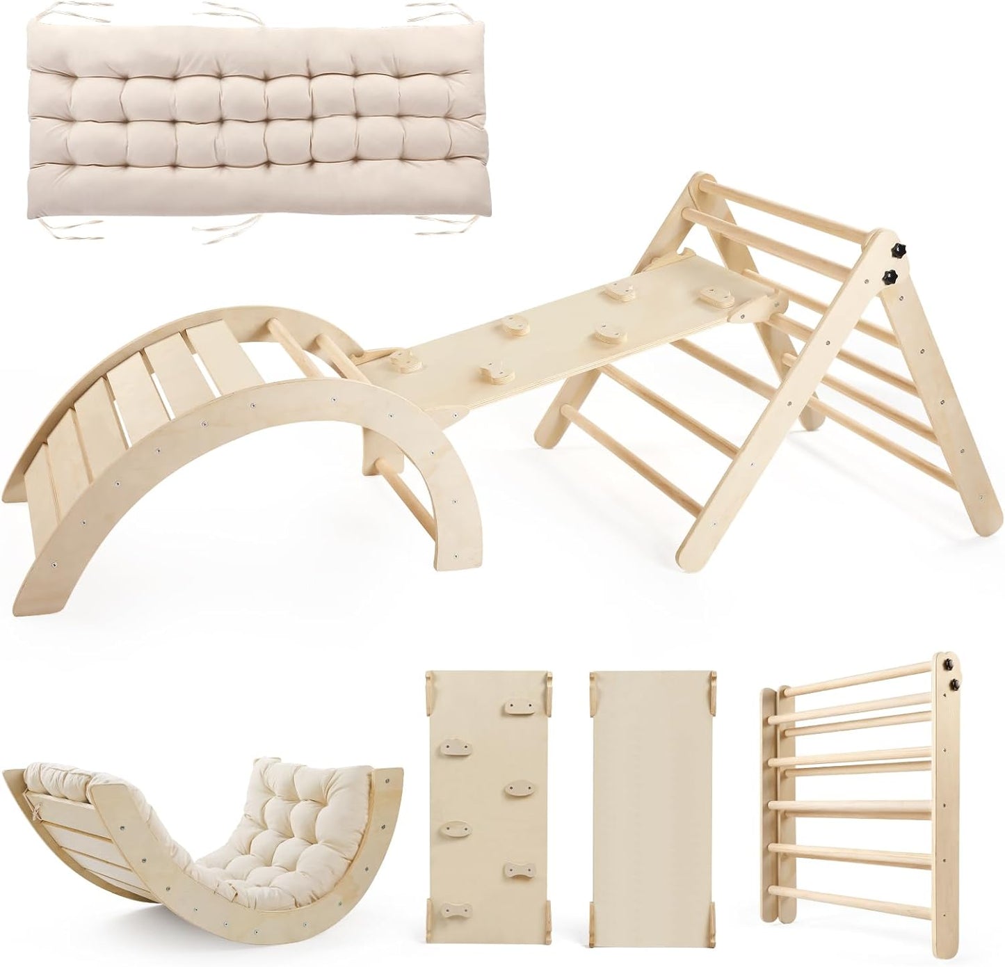 2026 Dreieck-Set mit Kissen, 5-in-1 Montessori-Kletterset, faltbar, Kletter-Indoor-Spielplatz-Set für Kleinkinder, Holz-Kletterspielzeug mit Rampe und Kletterbogen für Kinder (Holzfarbe)