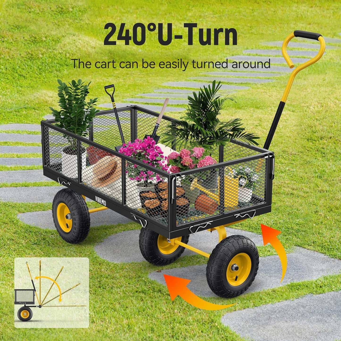 2026 Steel Garden Cart, 2-in-1 1400 lbs Heavy Duty Utility Wagon, with Removable Mesh Sides to Convert into Flatbed, 240° U-Turn 13" Pneumatic Tires Garden Wagon for Farm Yard Lawn Garden Camping