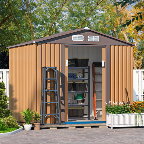 2026 JAXPETY Schuppen und Lagerung im Freien, 6 × 8 FT Gartenschuppen, Werkzeugschuppen aus Metall für den Außenbereich mit Schiebetüren für Hinterhof, Terrasse, Kaffee