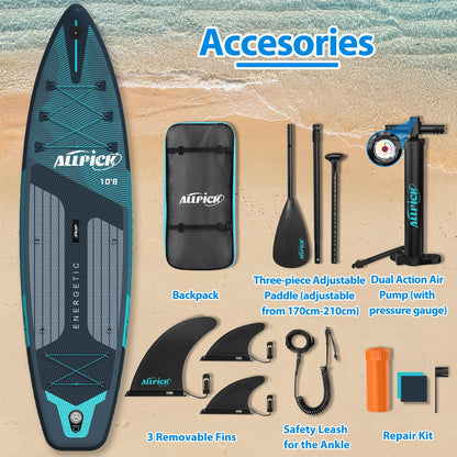 2026 ALLPICK Premium SUP Board Set, Stand Up Paddling Board Aufblasbar, Mit Universal Kamerahalterung, Komplettes Zubehör, Verstellbares Paddel, Anfänger, Fortgeschrittene, 180kg (Premium-Grün)