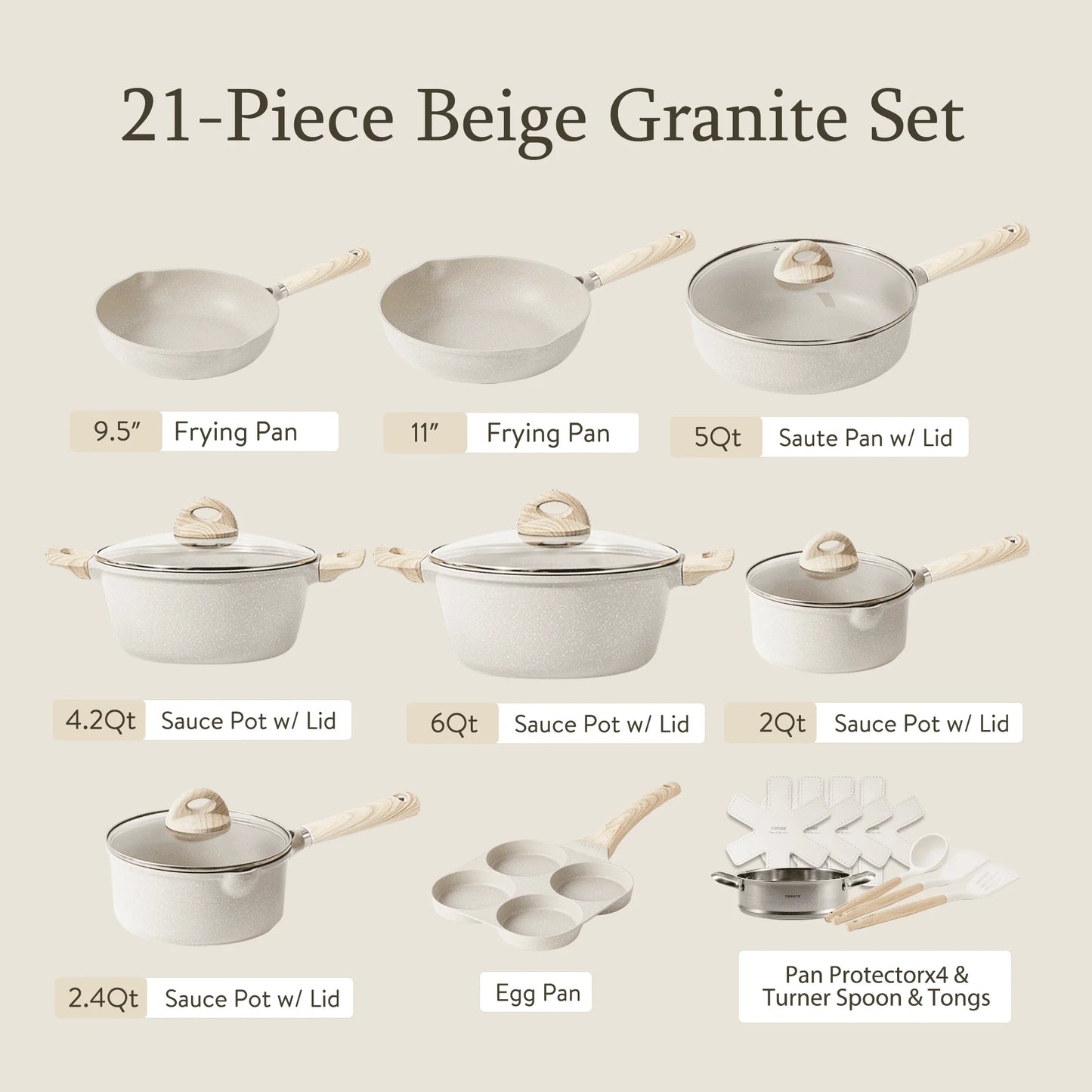2026 Carote Antihaft-Topf- und Pfannen-Set, 21-teilig, Induktions-Kochgeschirr-Sets (Beige Granit)