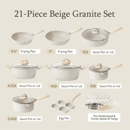 2026 Carote Antihaft-Topf- und Pfannen-Set, 21-teilig, Induktions-Kochgeschirr-Sets (Beige Granit)