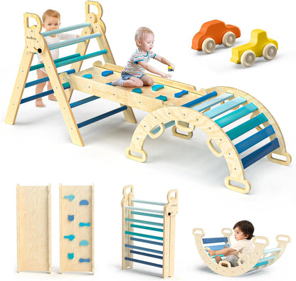 2026 Pikler-Dreieck-Set, 7-in-1, faltbares Baby-Kletterspielzeug, hölzernes Montessori-Kletterset mit Bogen, Rampe und Leiter, Baby-Klettergerät, Indoor-Klettergerüste für Kleinkinder, Montessori-Spielzeug – Regenbogen