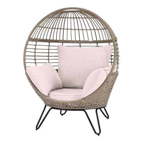 2026 Hampton Bay Beige Stationärer Runder Outdoor-Lounge-Eiersessel aus Rattan mit CushionGuard Almond Biscotti Kissen (FRS51294M)