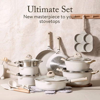 2026 CAROTE Antihaft-Töpfe- und Pfannenset, 21-teiliges Induktions-Kochgeschirr (Beige Granit)