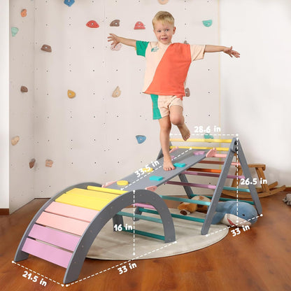2026 Dreieck-Set mit Kissen, 5-in-1 Montessori-Kletterset, faltbar, Kletter-Indoor-Spielplatz-Set für Kleinkinder, Holz-Kletterspielzeug mit Rampe und Kletterbogen für Kinder (Holzfarbe)