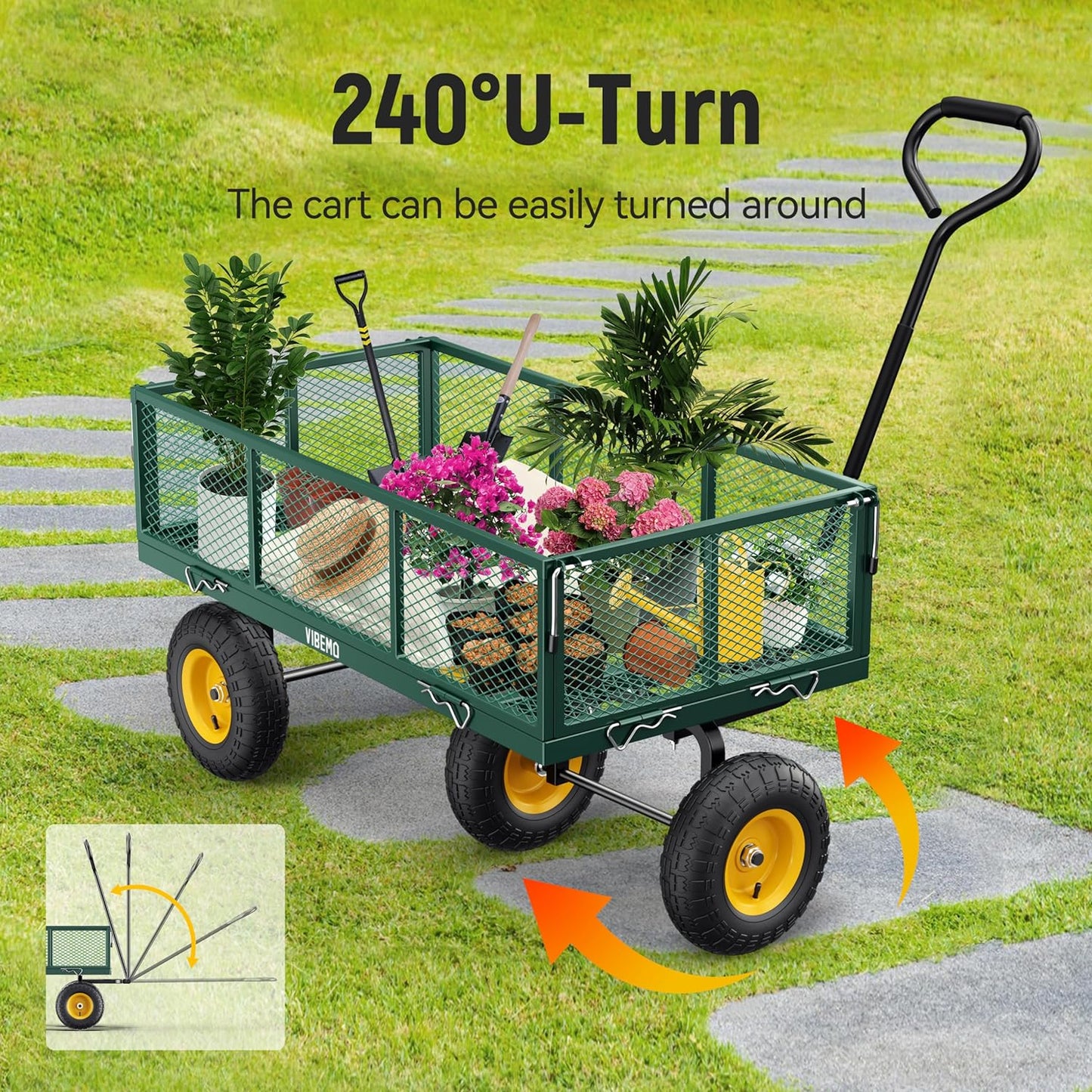 2026 Steel Garden Cart, 2-in-1 1400 lbs Heavy Duty Utility Wagon, with Removable Mesh Sides to Convert into Flatbed, 240° U-Turn 13" Pneumatic Tires Garden Wagon for Farm Yard Lawn Garden Camping