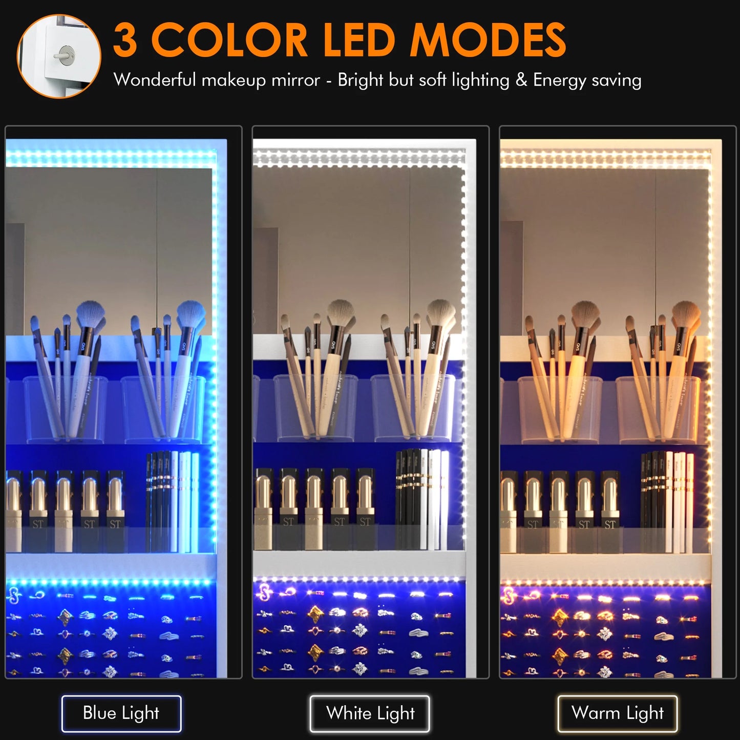2026 LVSOMT 360° drehbarer LED-Schmuckschrank mit Ganzkörperspiegel, großer Schmuckschrank, verschließbarer Standspiegel, Schmuck-Organizer mit innerem Schminkspiegel und weichem Samt für Wohnzimmer und Schlafzimmer