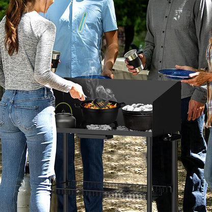 2026 Kochtisch für Outdoor-Camping für Dutch Oven und Lebensmittelzubereitung, zusammenklappbarer Grilltisch, Camping-Küchenstation mit seitlichem Windschutz und Aufbewahrungskorb für Grillen im Garten, Picknick, Wohnmobil