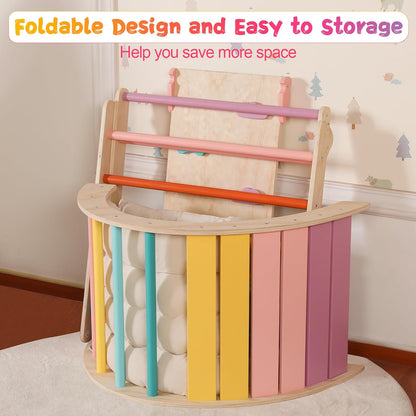 2026 Dreieck-Set mit Kissen, 5-in-1 Montessori-Kletterset, faltbar, Kletter-Indoor-Spielplatz-Set für Kleinkinder, Holz-Kletterspielzeug mit Rampe und Kletterbogen für Kinder (Holzfarbe)