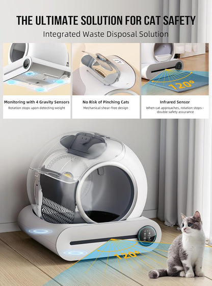 2026 Selbstreinigende Katzentoilette, Automatische Katzentoilette mit Matte und Einlagen, 65 l + 9 l große Kapazität, Selbstreinigende Katzentoilette, App-Steuerung/Geeignet für mehrere Katzen – Grau