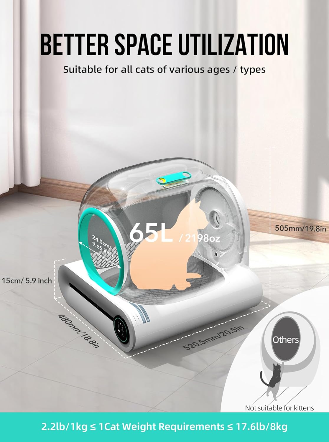 2026 Selbstreinigende Katzentoilette, Automatische Katzentoilette mit Matte und Einlagen, 65 l + 9 l große Kapazität, Selbstreinigende Katzentoilette, App-Steuerung/Geeignet für mehrere Katzen – Grau