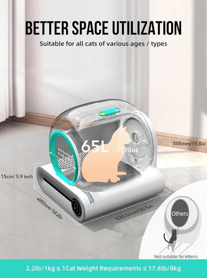 2026 Selbstreinigende Katzentoilette, Automatische Katzentoilette mit Matte und Einlagen, 65 l + 9 l große Kapazität, Selbstreinigende Katzentoilette, App-Steuerung/Geeignet für mehrere Katzen – Grau